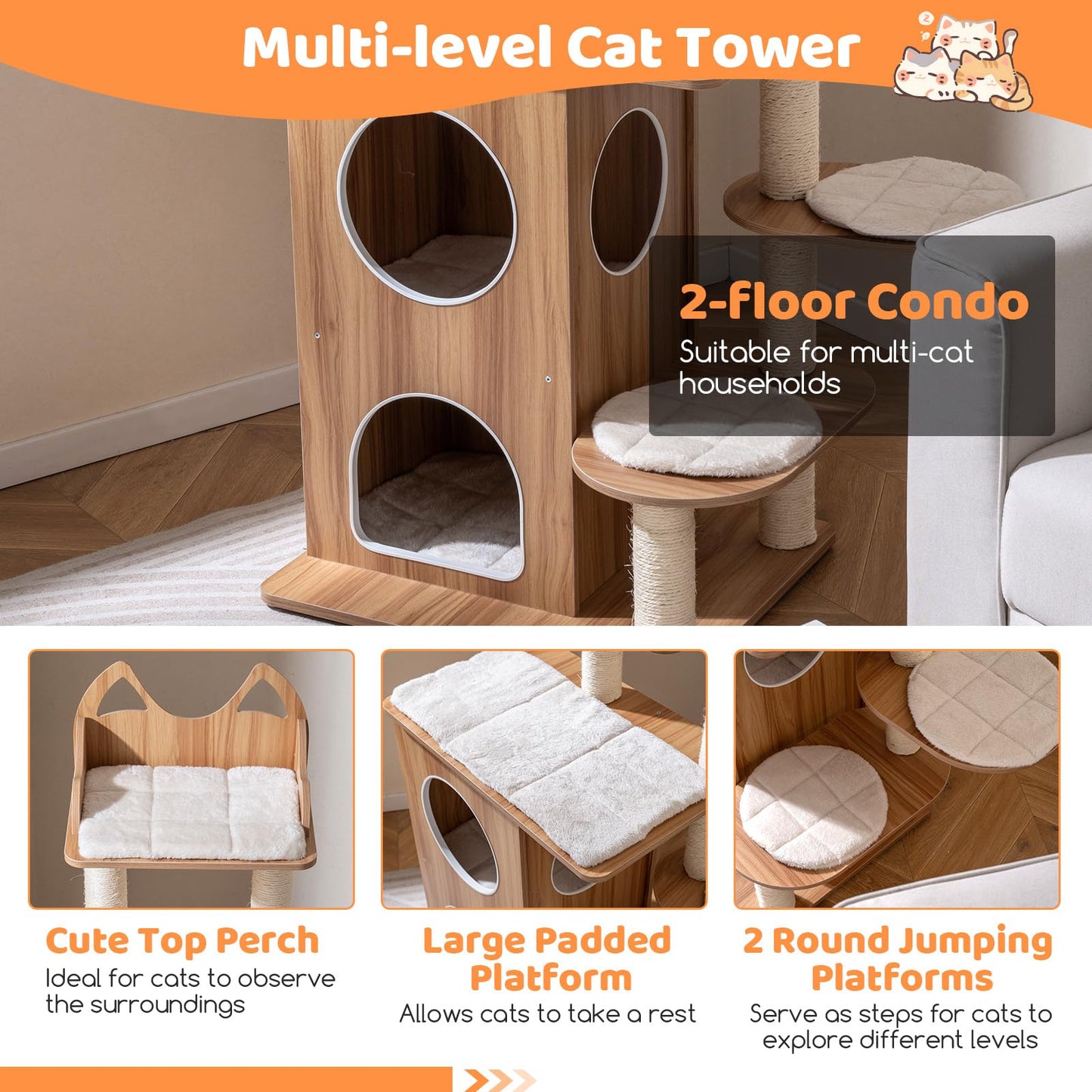 Wooden Cat Tree, 122cm Tall Multi-Layer Cat Tower with Cute Top Perch