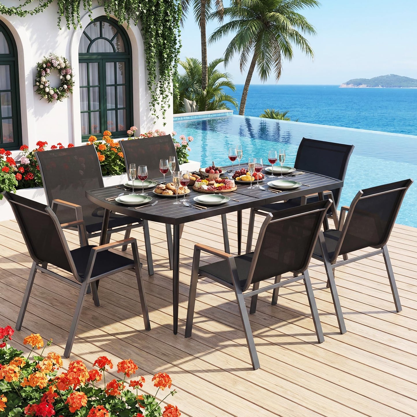 160 x 90cm Garden Table for 6, Outdoor Dining Table with 4cm Umbrella Hole