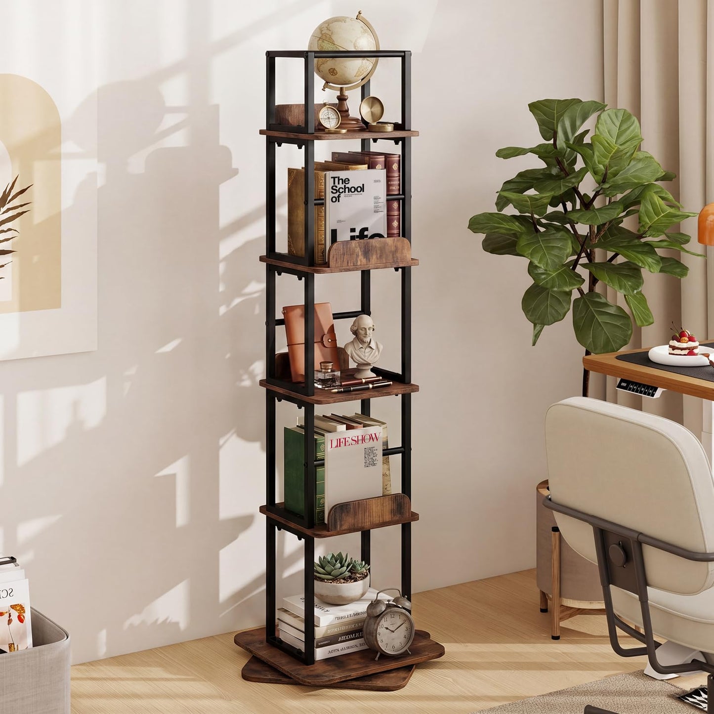 5-Tier Rotating Bookshelf Tower with 360° Spin & Side Rails for Small Spaces