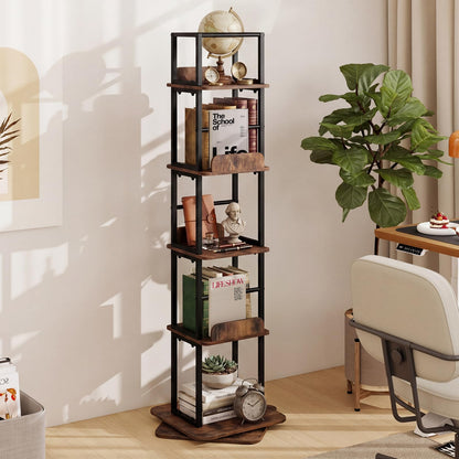 5-Tier Rotating Bookshelf Tower with 360° Spin & Side Rails for Small Spaces