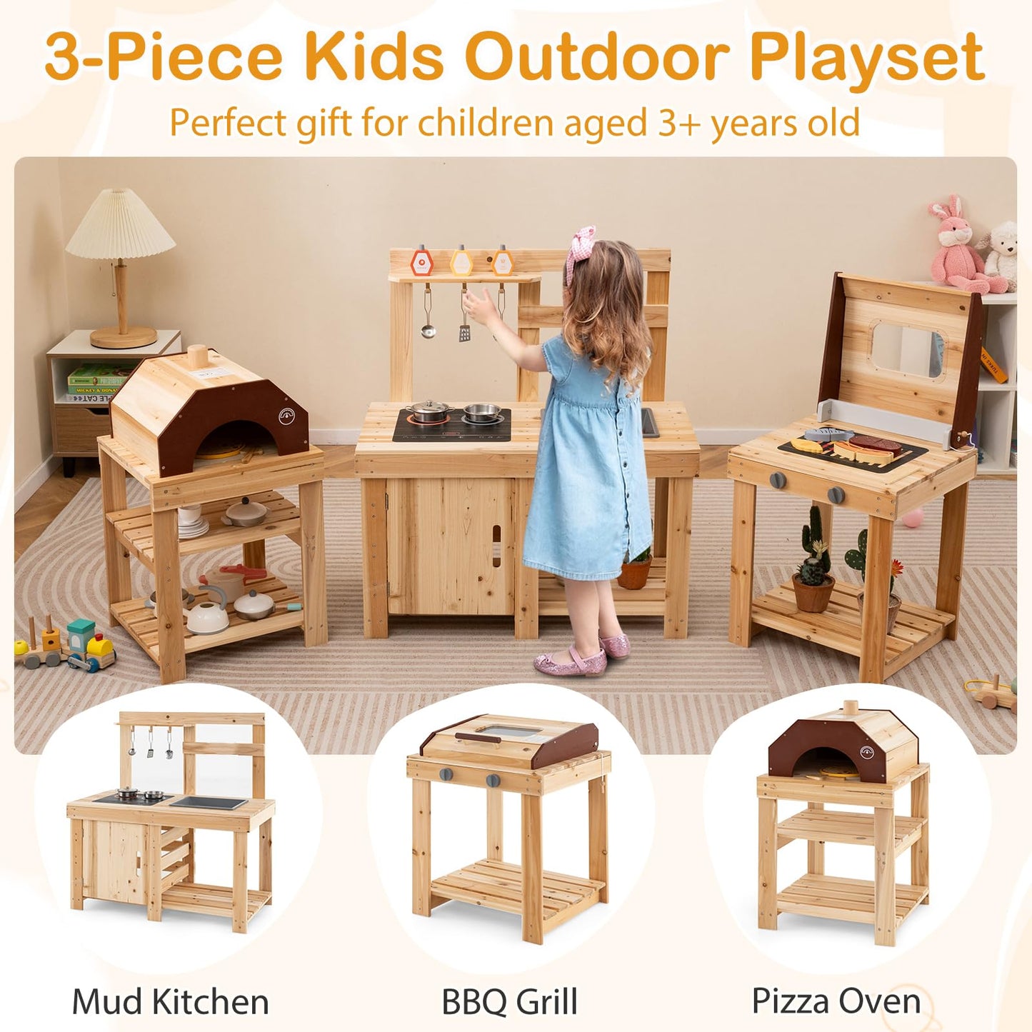 3 Piece Outdoor Kitchen Set with BBQ Grill and Pizza Oven