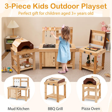 3 Piece Outdoor Kitchen Set with BBQ Grill and Pizza Oven
