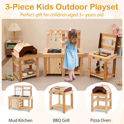 3 Piece Outdoor Kitchen Set with BBQ Grill and Pizza Oven
