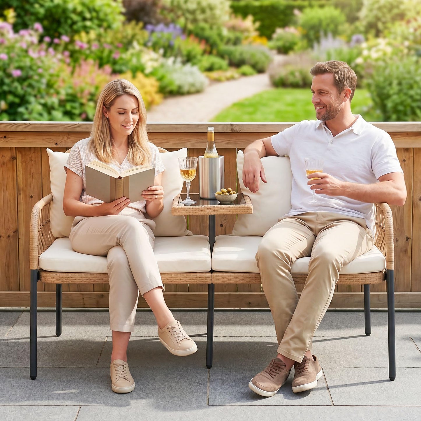 Rattan Jack and Jill Seat with Built-In Table and Cushions for Patio Balcony