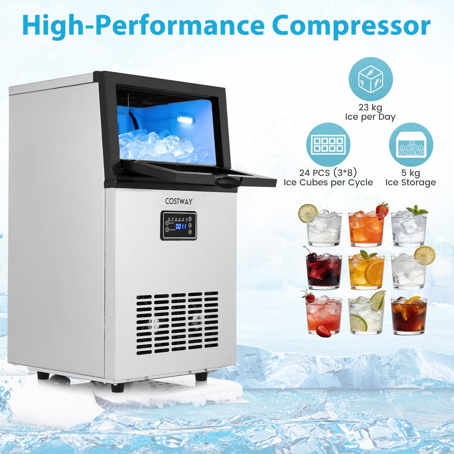 Commercial Ice Machine, 23kg/24H Industrial Ice Maker Machine with 5kg Ice Storage Capacity