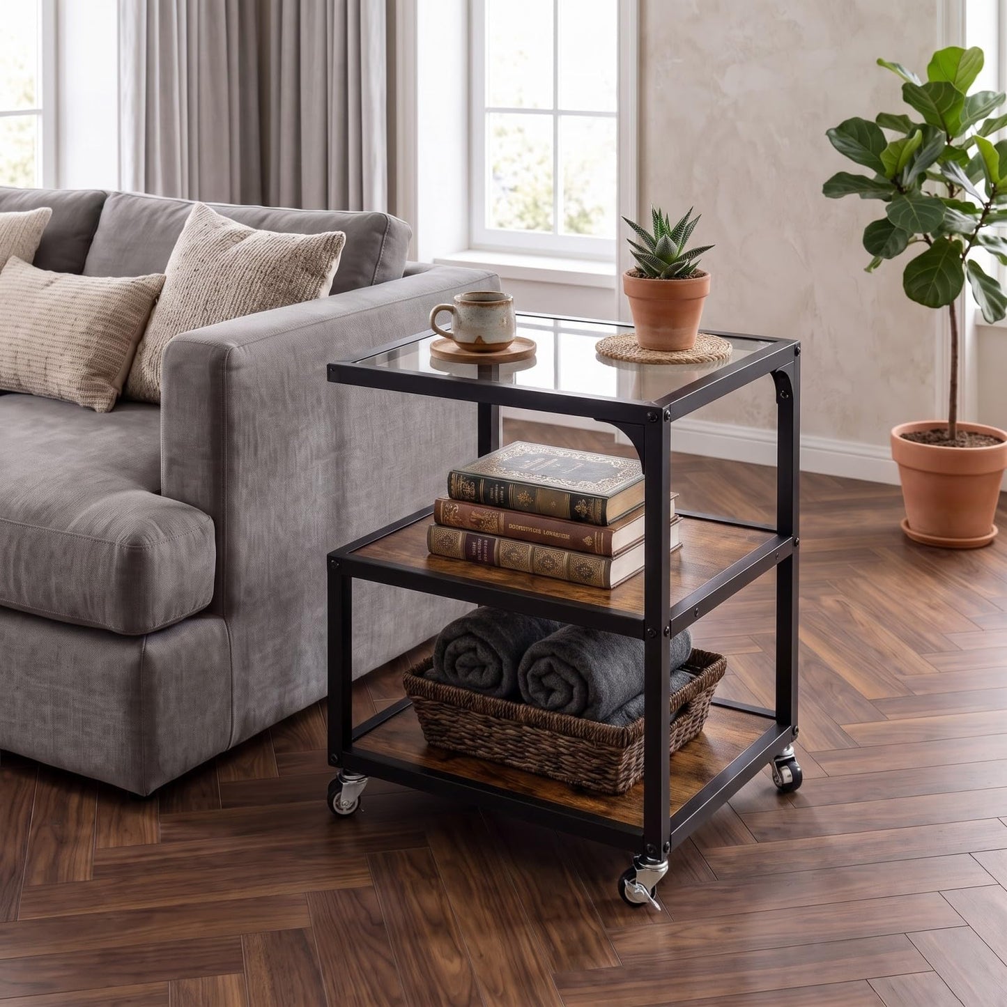 Rolling Side Table, 3-Tier Mobile End Table