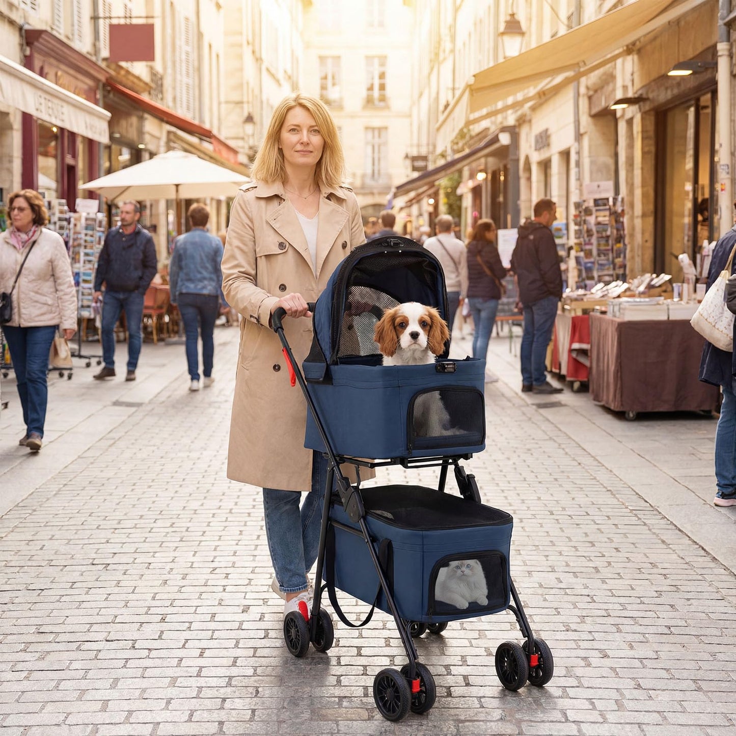 Double Pet Stroller, 4 Wheels Foldable Dog Pushchair Cat Buggy