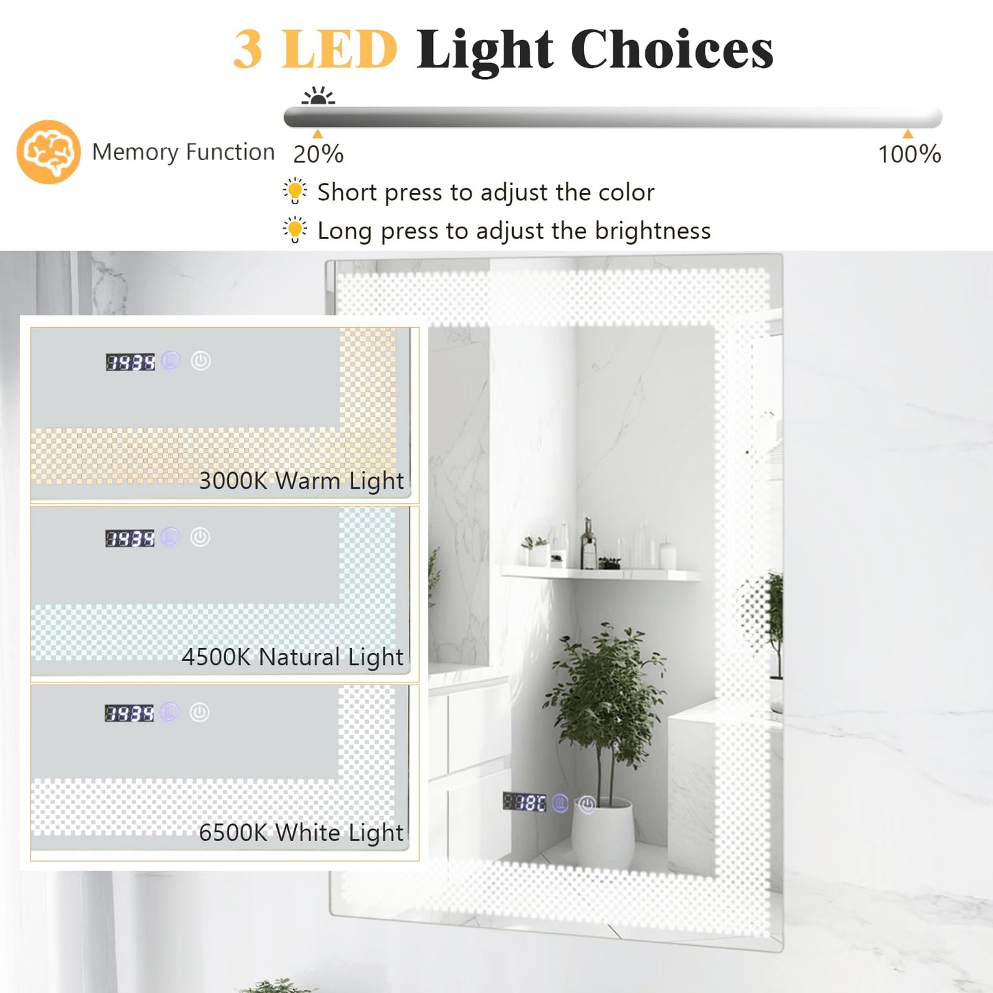 LED Wall Mounted Anti-Fog HD Vanity Mirror with 3 Color Adjustable Lights