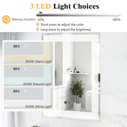 LED Wall Mounted Anti-Fog HD Vanity Mirror with 3 Color Adjustable Lights