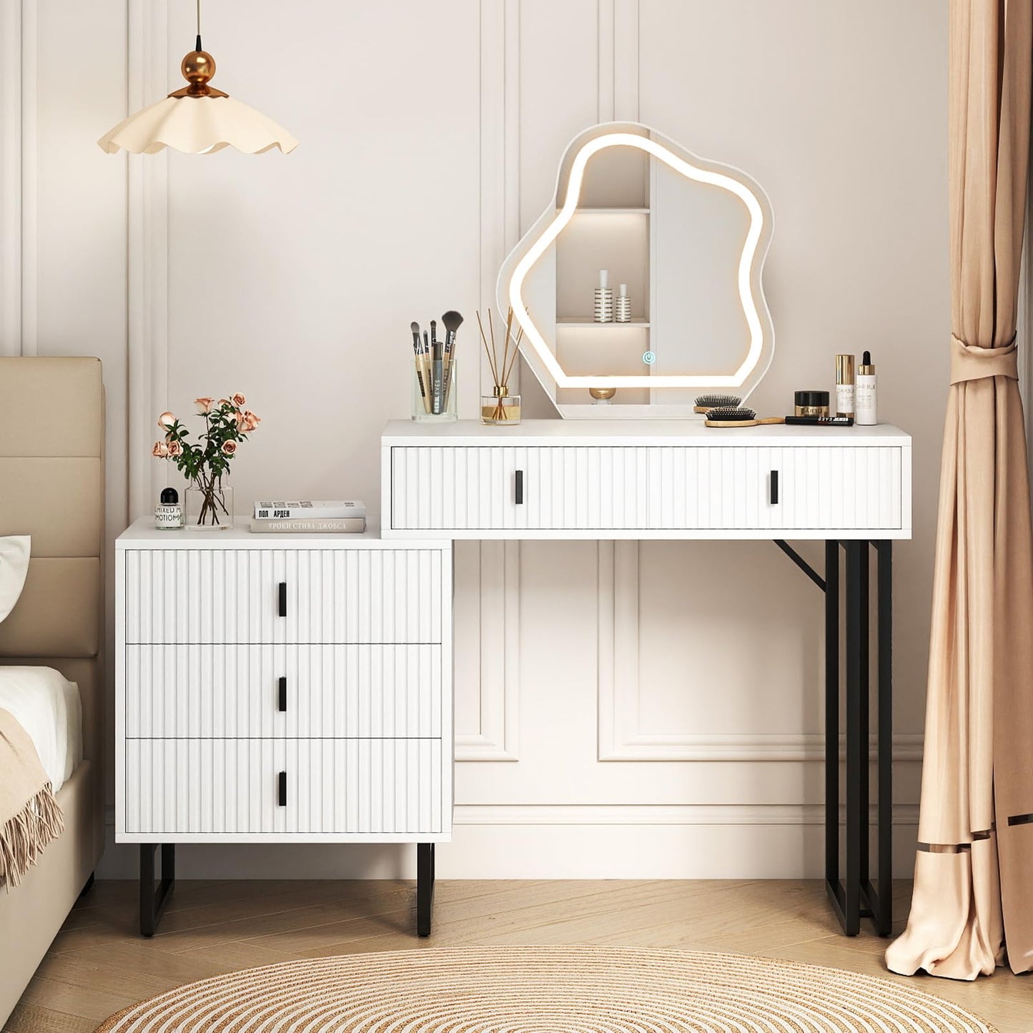 Dressing Table with Leaf-Shaped LED Mirror, Wooden Fluted Makeup Table