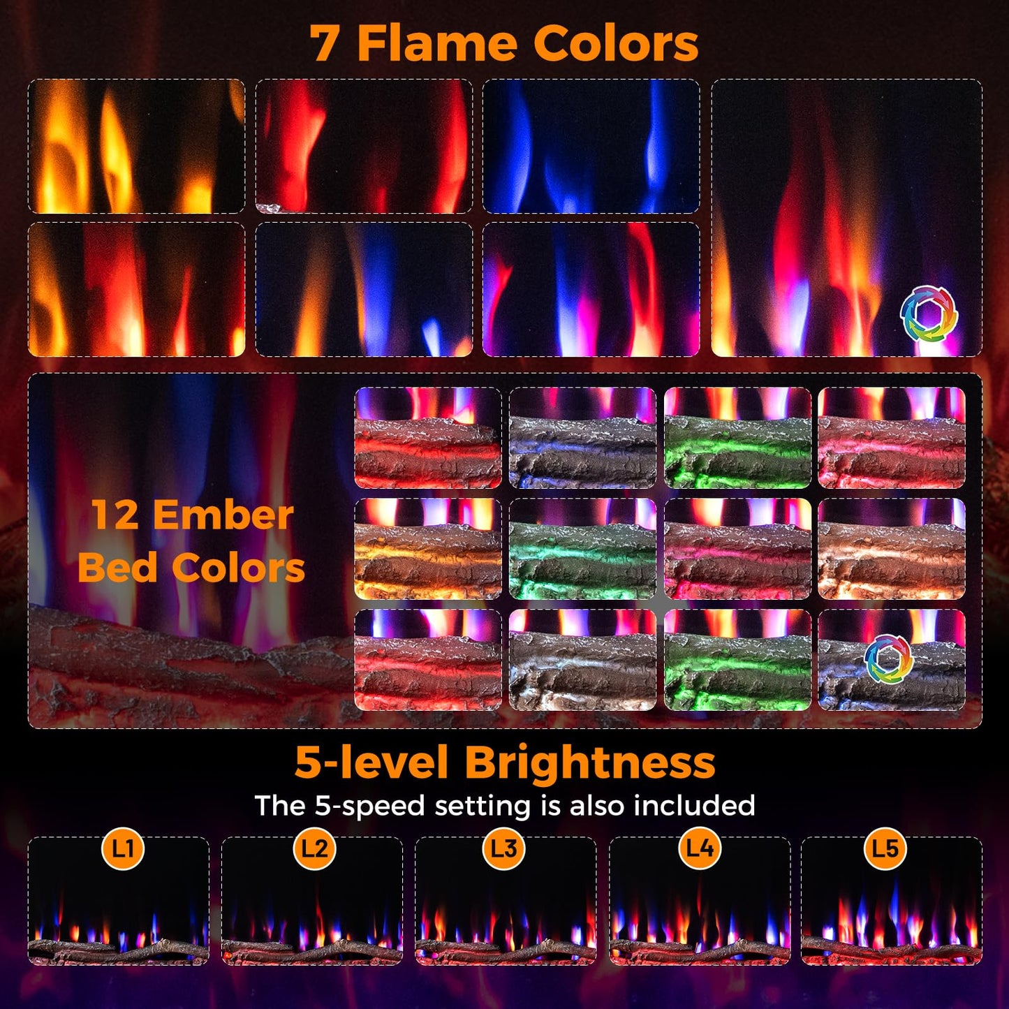 91cm Electric Fireplace with Remote and Multicolour Flame