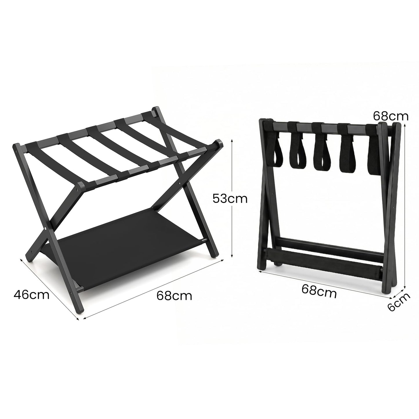 Set of 2 Bamboo Luggage Racks with Nylon Straps and Oxford Cloth Storage Shelves