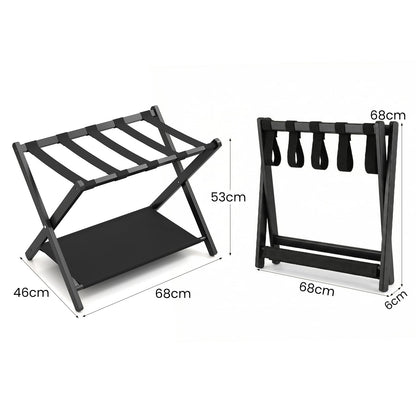 Set of 2 Bamboo Luggage Racks with Nylon Straps and Oxford Cloth Storage Shelves