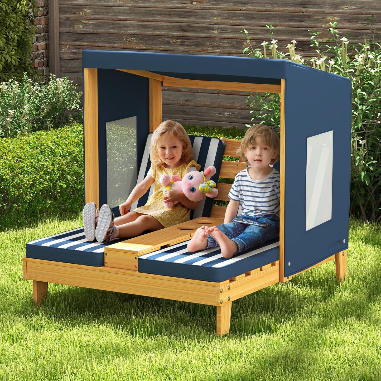 Kids Double Sun Lounger, 2-Seater Garden Lounge Chair with Canopy