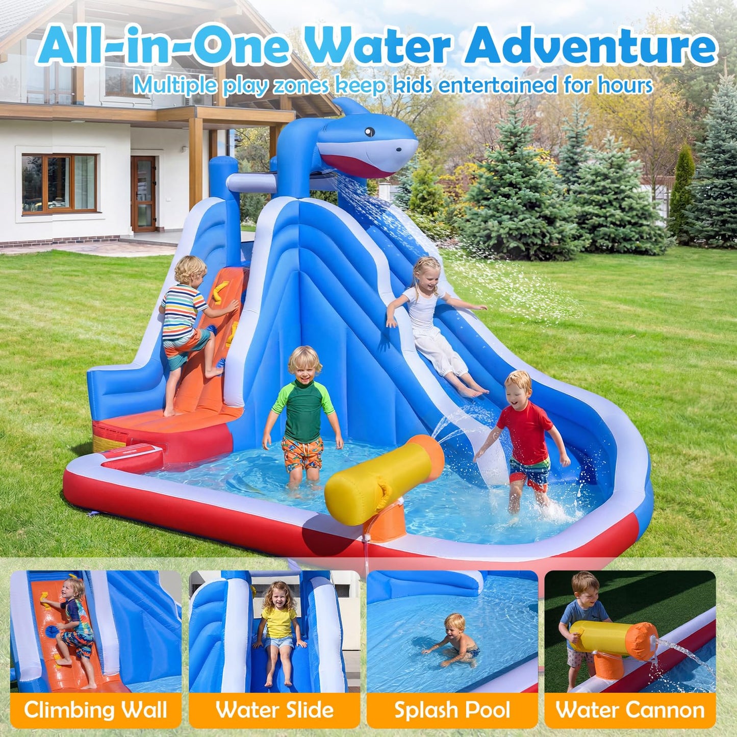 Inflatable Bouncy Castle, Jumper House Water Pool Slide Activity Center with Water Slide