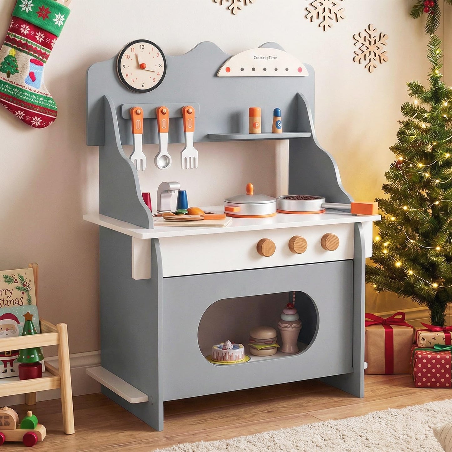 Pretend Play Toy Kitchen Set with Clock Stove Spice Rack for Aged 3+