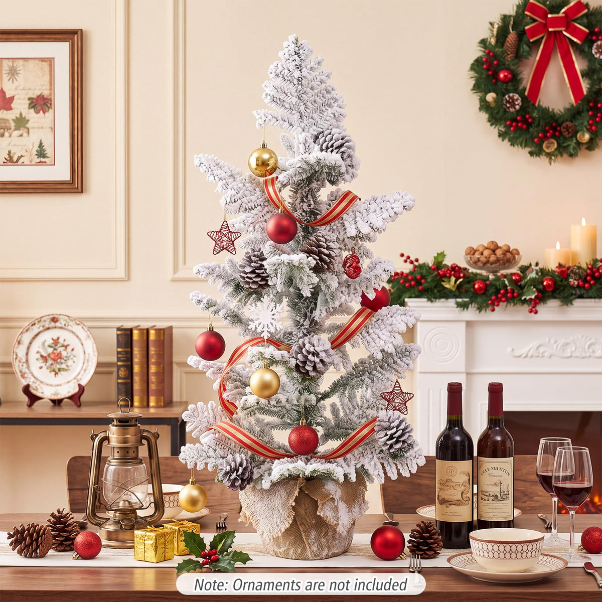 90CM/3FT Artificial Mini Christmas Tree, Snow Flocked Pre-Decorated Tabletop Xmas Tree