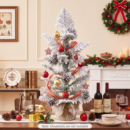 90CM/3FT Artificial Mini Christmas Tree, Snow Flocked Pre-Decorated Tabletop Xmas Tree