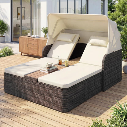 Garden Daybed, 2 Seater Rattan Sofa Sun Lounger with Canopy