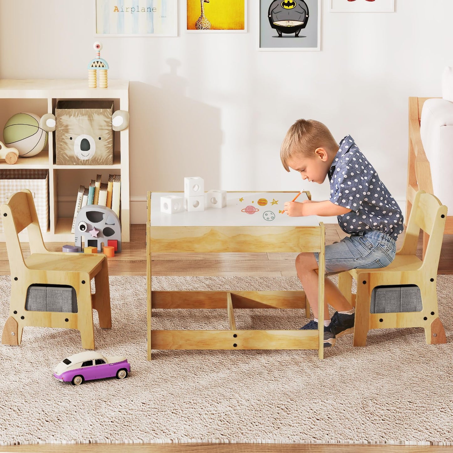 3-Piece Wooden Toddler Furniture Set with Removable Tabletop