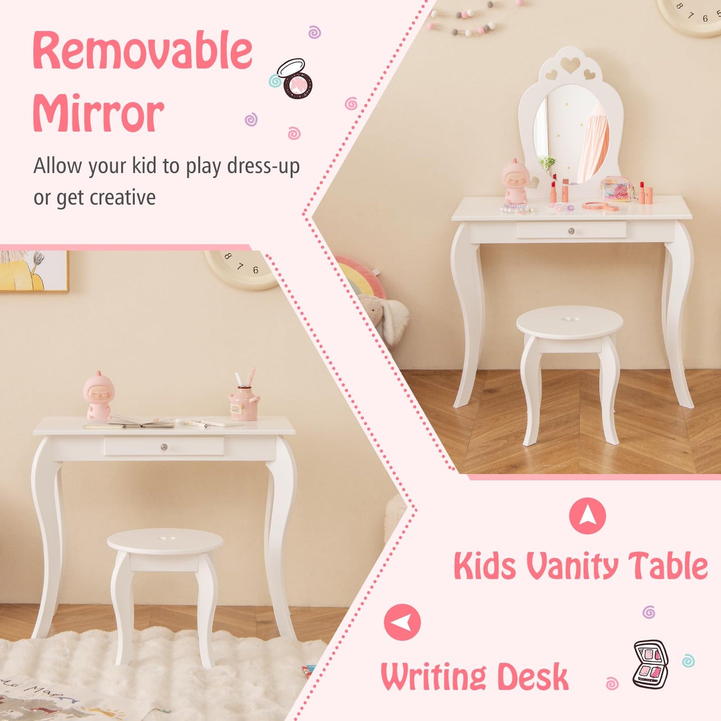 Kids Vanity Table and Stool 2 in 1 with Removable Mirror and Drawer