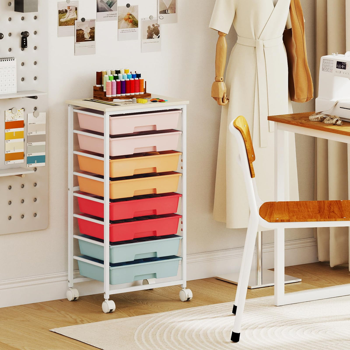 8 Drawers Storage Trolley, Rolling Utility Cart with Wooden Top