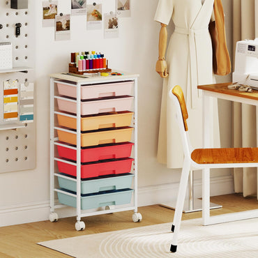 8 Drawers Storage Trolley, Rolling Utility Cart with Wooden Top