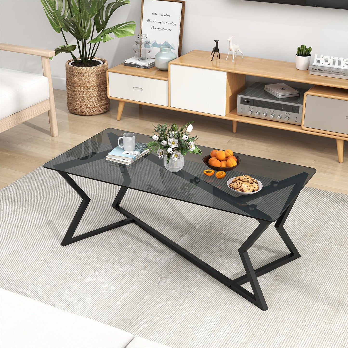 Rectangular Glass Coffee Table with Tempered Top and Metal Frame for Living Room