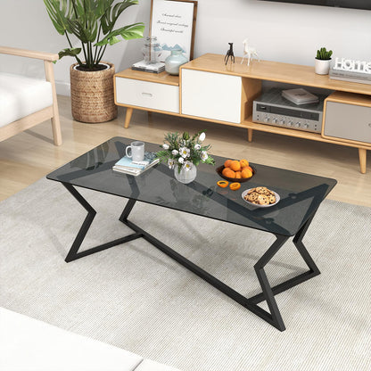 Rectangular Glass Coffee Table with Tempered Top and Metal Frame for Living Room