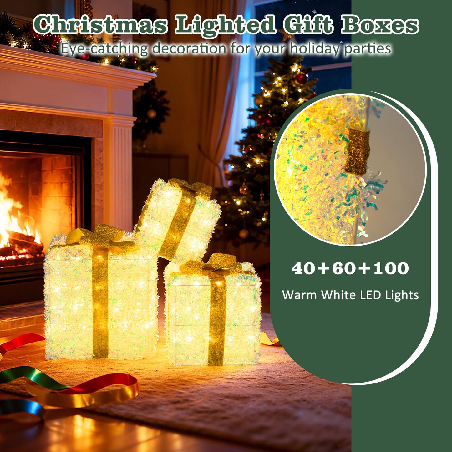 Set of 3 Christmas Lighted Gift Boxes Pre-Lit with Warm White LED Lights