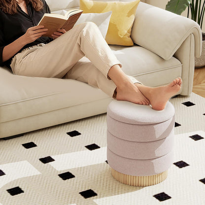 Modern Round Storage Ottoman with Removable Lid and Solid Wood Base