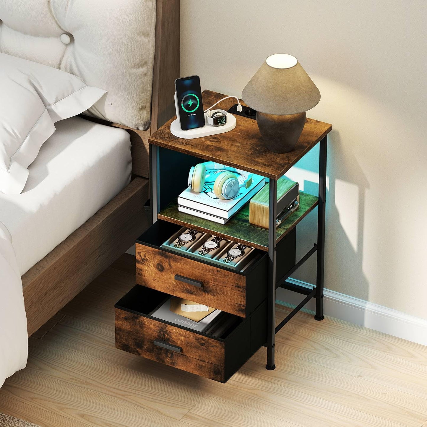 Set of 2 End Tables with Charging Station and 2 Folding Fabric Drawers