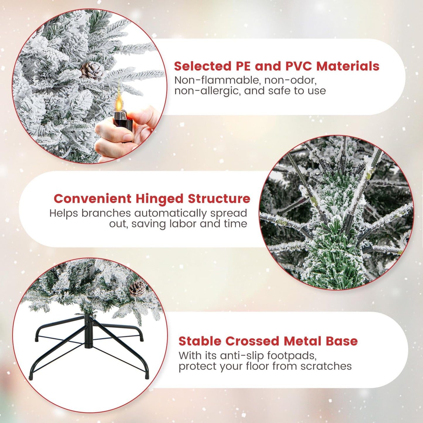 180 cm Artificial Xmas Tree with Flocked Branch Tips Natural Pine Cones Warm White Lights