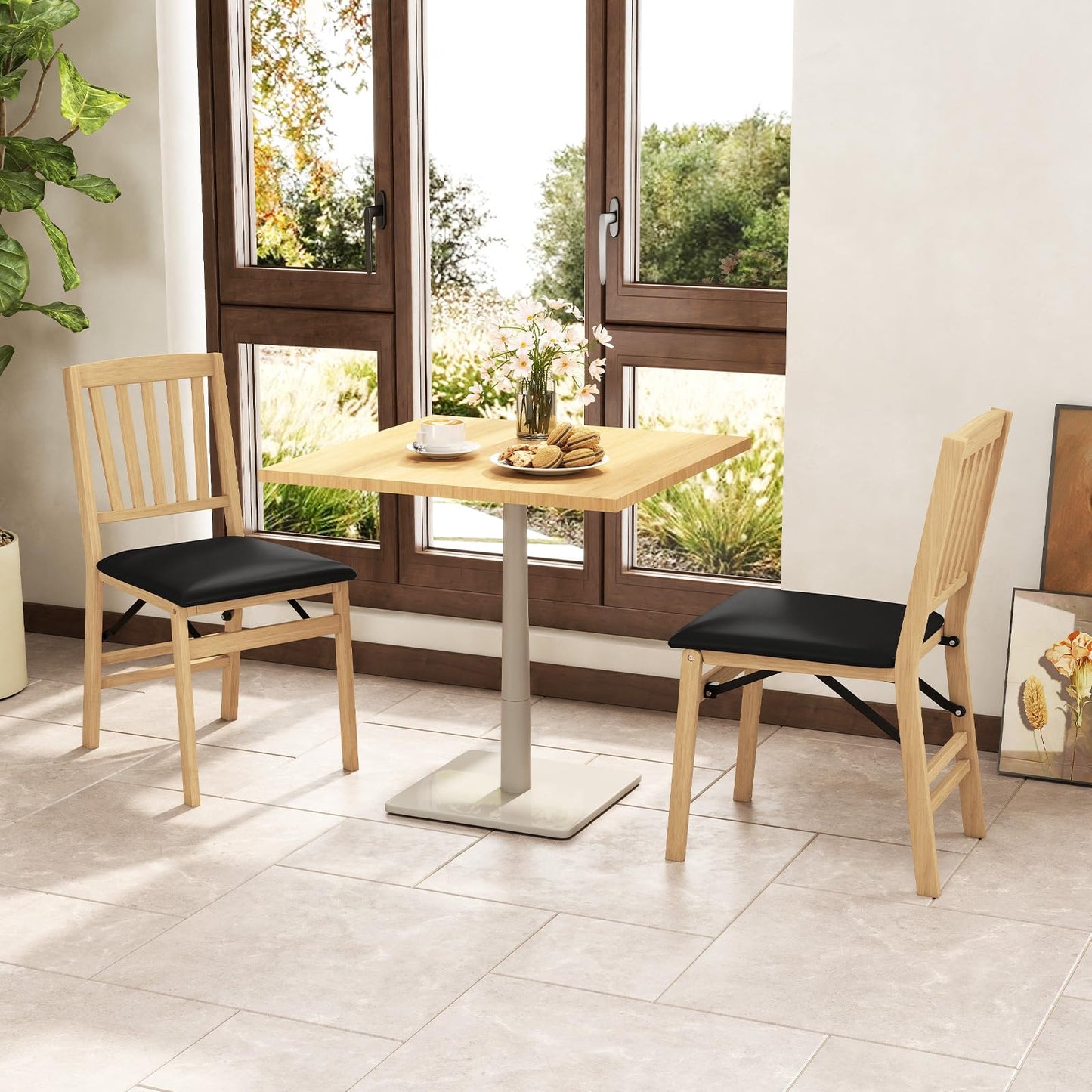 Folding Dining Chair Set of 2 with Rubber Wood Frame and Padded Seat