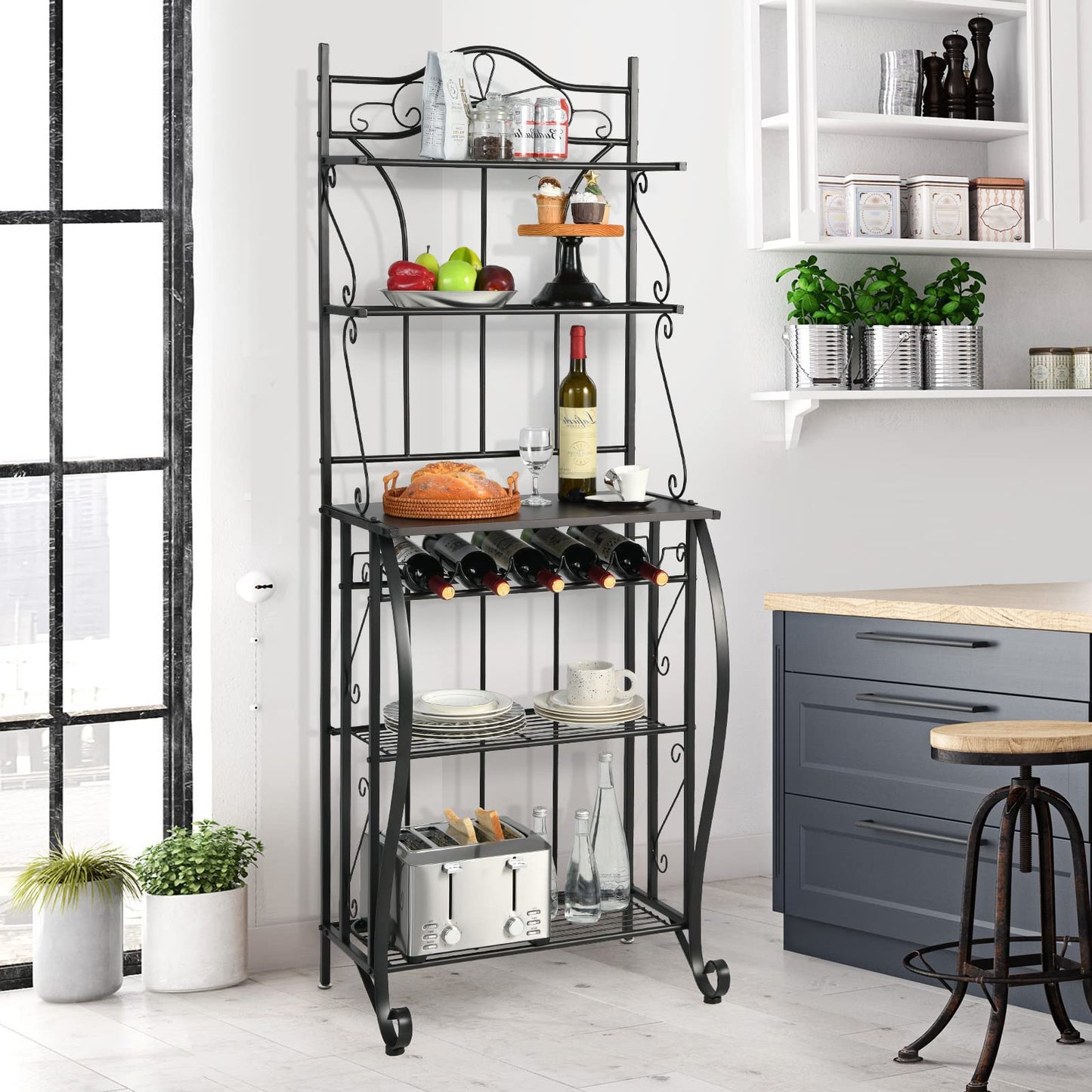 5-Tier Freestanding Baker's Rack with Wine Rack and Adjustable Foot Pads