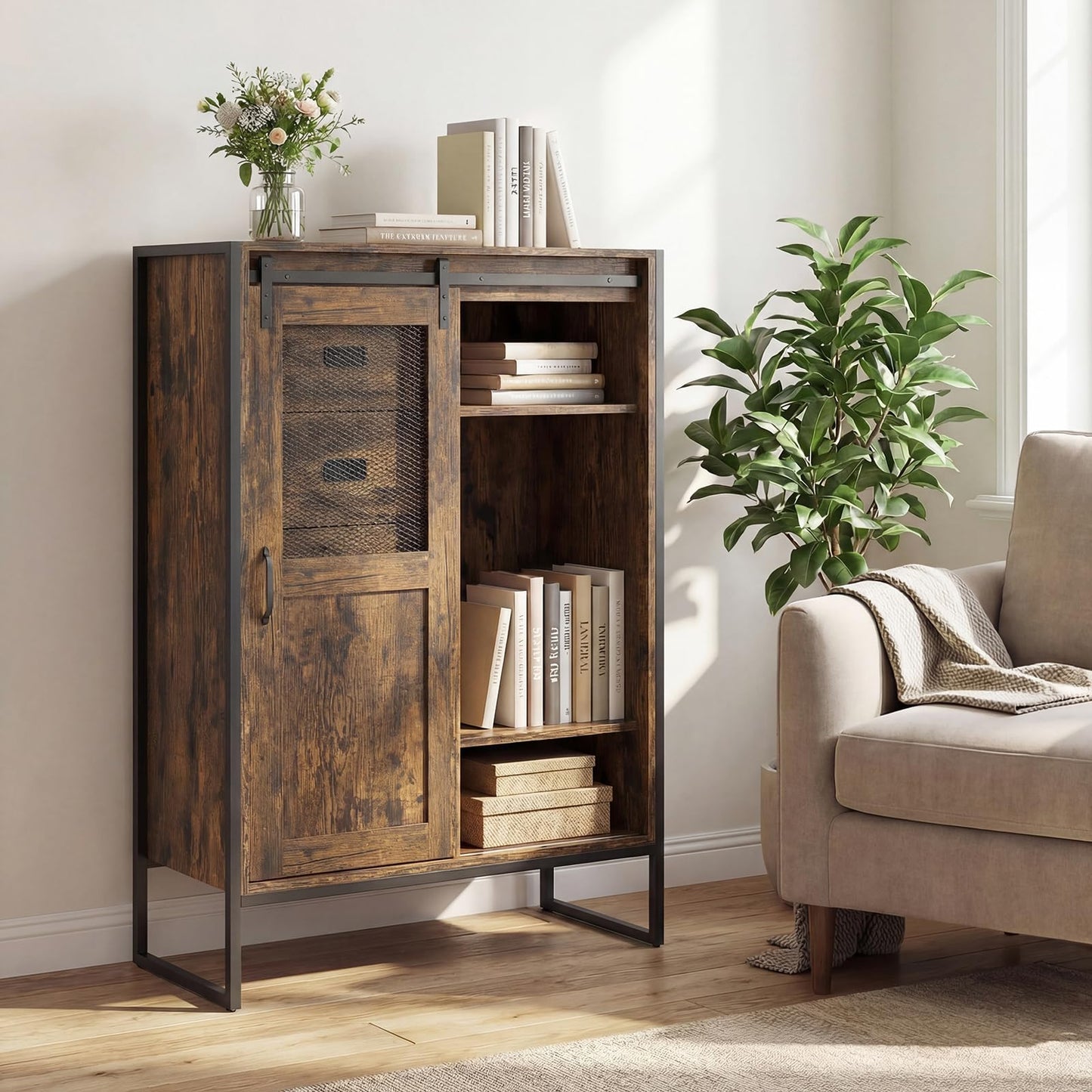 Storage Cabinet with Sliding Door & 5 Drawers