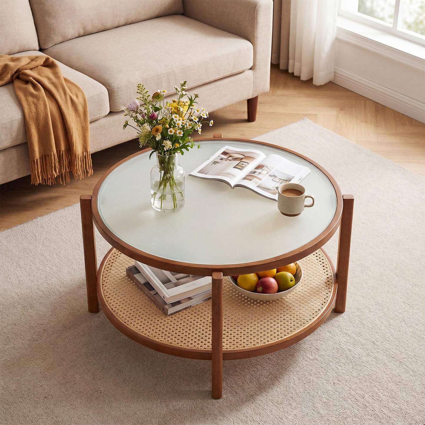 Rattan Coffee Table with Tempered Glass Top for Living Room
