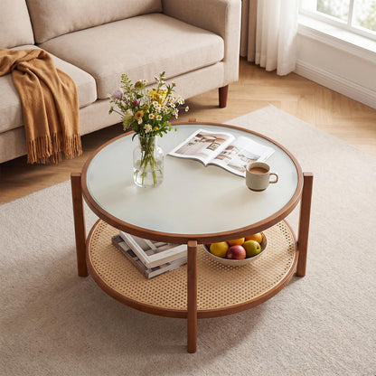 Rattan Coffee Table with Tempered Glass Top for Living Room