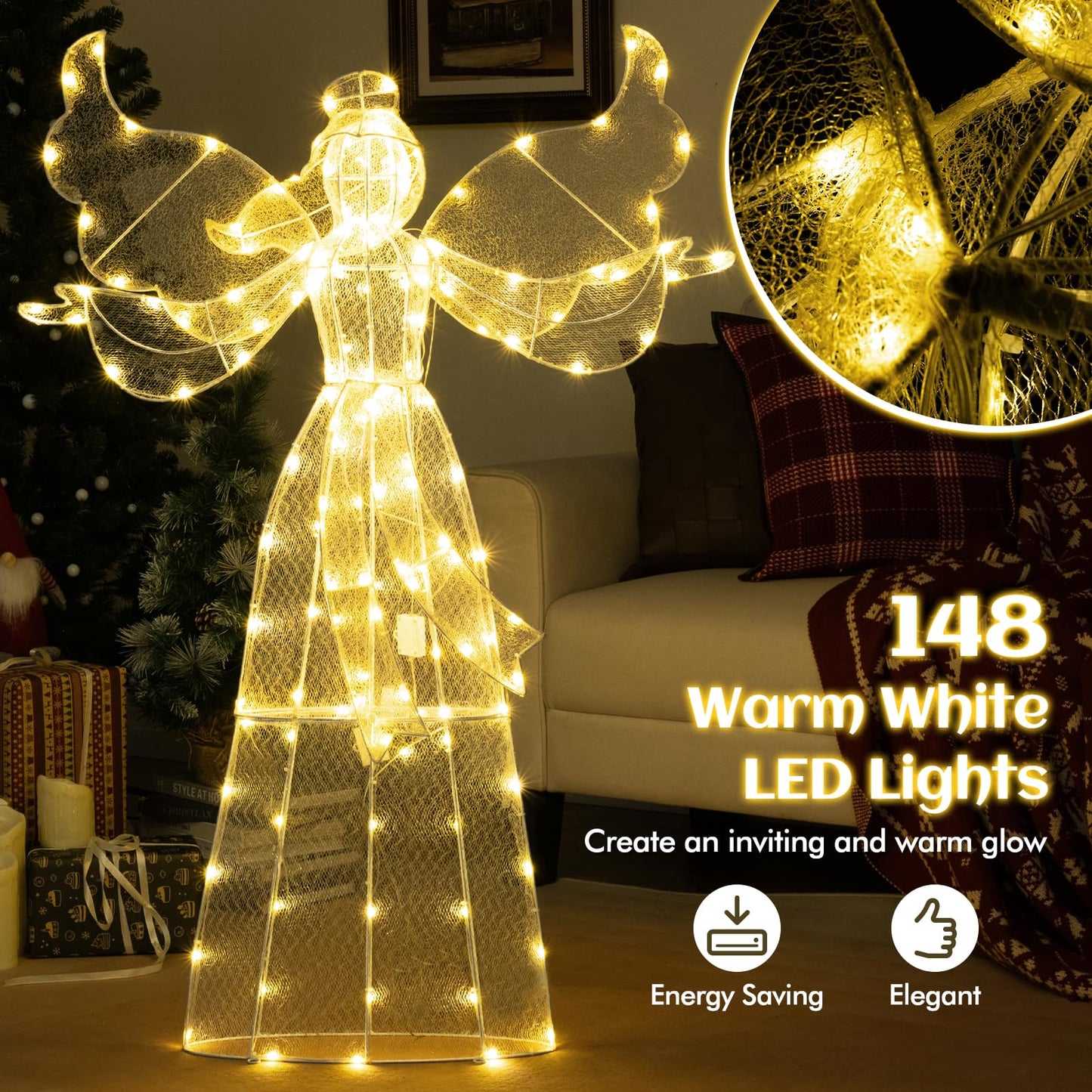 Outdoor Decorative Angel with Halo and 148 Warm White LED Lights