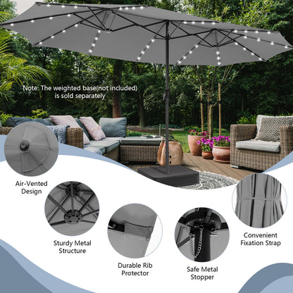 460 cm Twin Patio Umbrella with 48 LED Lights and Auto-Charging Solar Panel