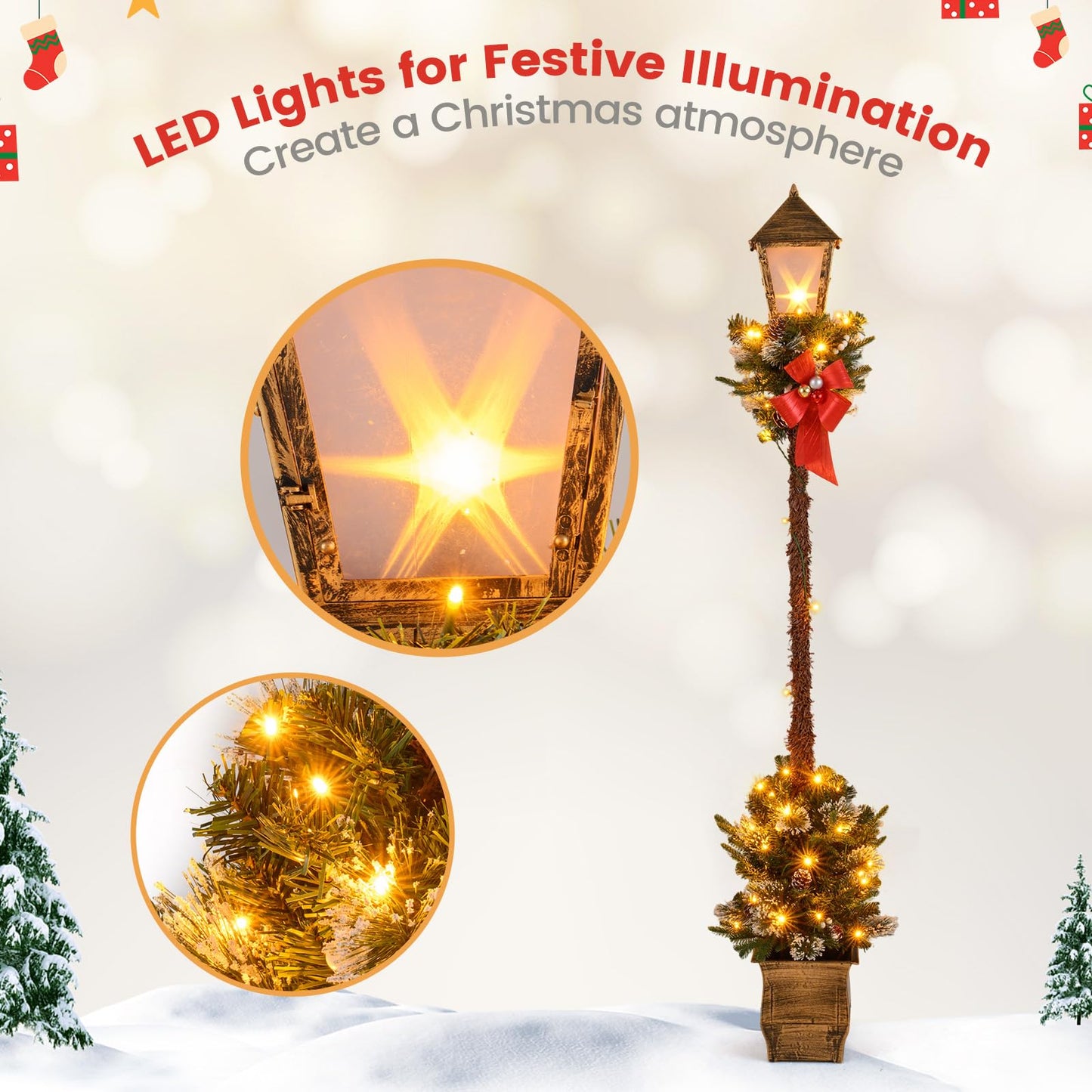 6.1 FT Christmas Pre-lit Street Lamp with Artificial Greenery