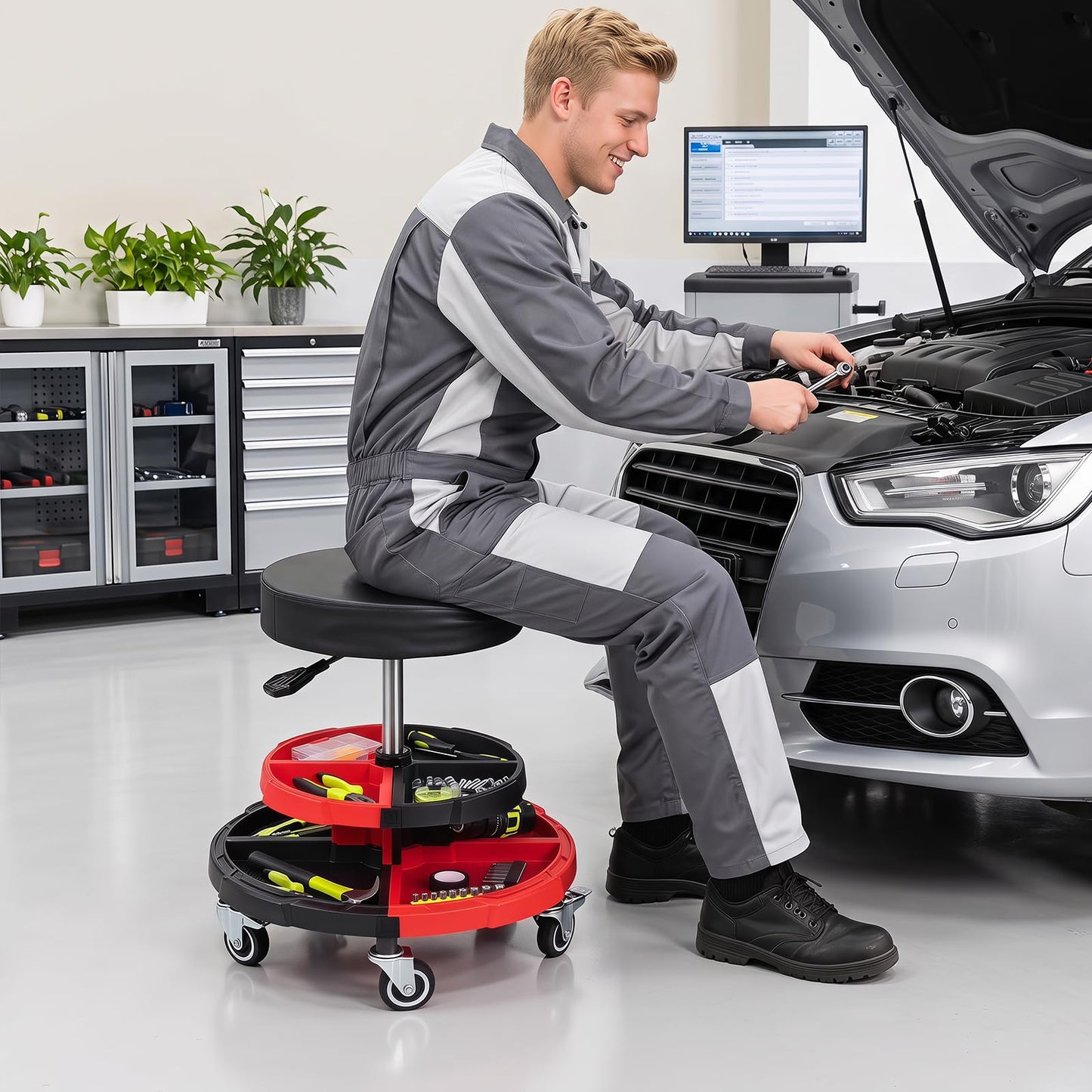 150 KG Max Load Rolling Mechanic Stool with Cushioned Seat Dual Tool Trays for Repair Shop
