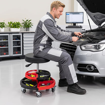 150 KG Max Load Rolling Mechanic Stool with Cushioned Seat Dual Tool Trays for Repair Shop