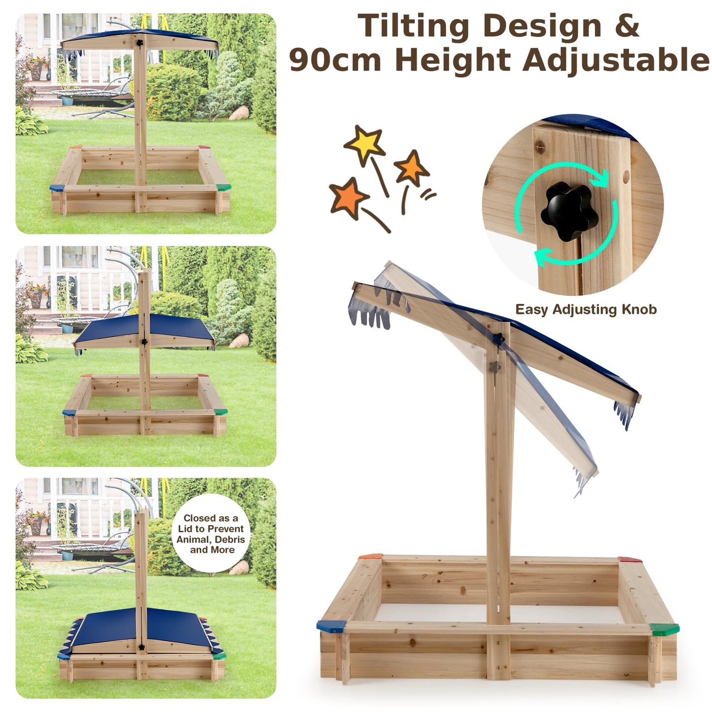 Wooden Kids Sandbox with Height-Adjustable Canopy and Protective Corners