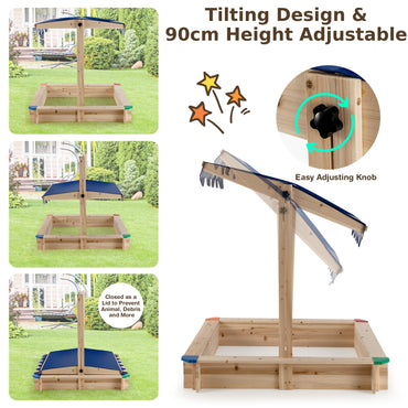 Wooden Kids Sandbox with Height-Adjustable Canopy and Protective Corners