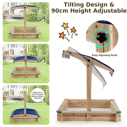 Wooden Kids Sandbox with Height-Adjustable Canopy and Protective Corners