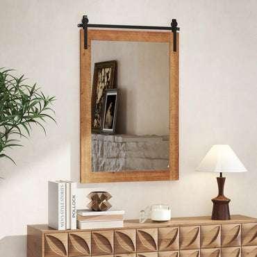 Farmhouse Rustic Bathroom Wall Mirror with Wood Frame
