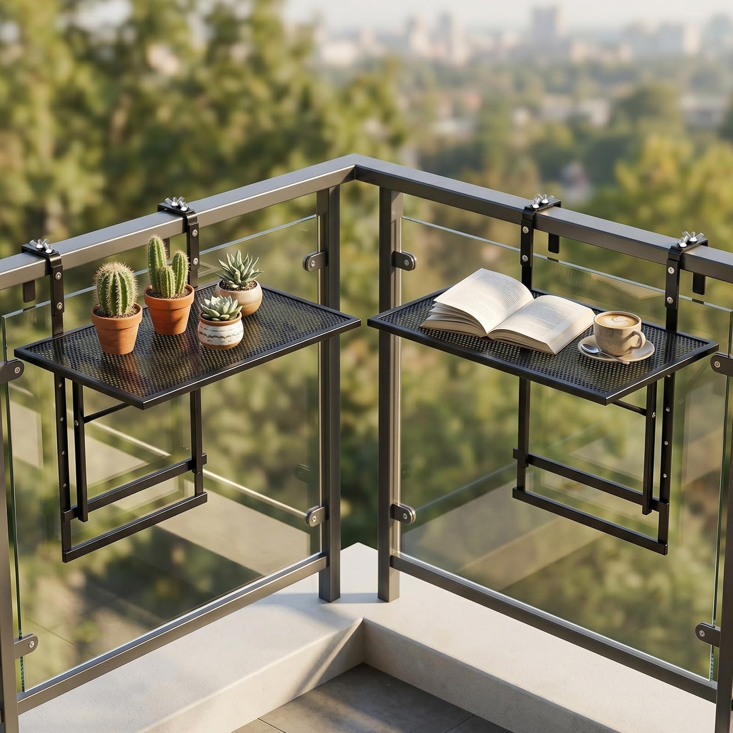 Set of 2 Hanging Balcony Table with 5-Level Adjustable Height for Round Square Railing