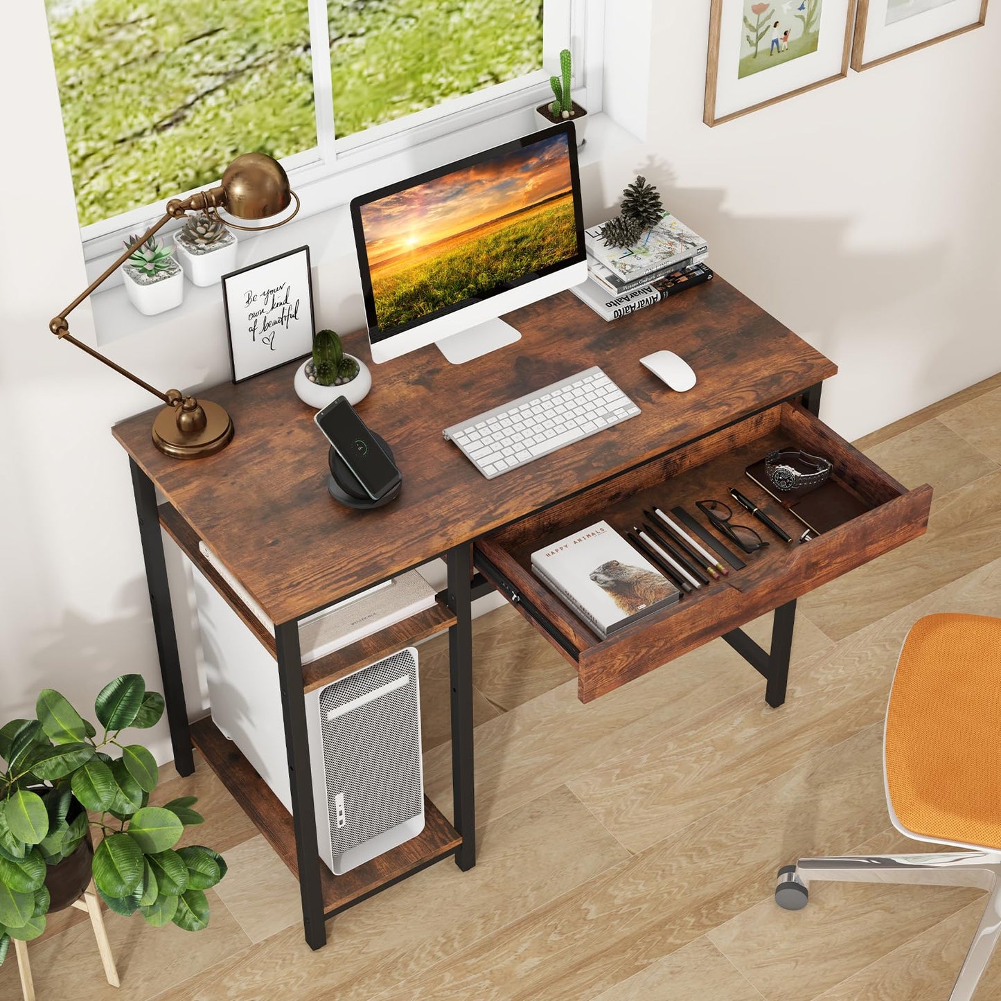 Computer Desk, 100CM Industrial Home Office PC Laptop Table Working Desk with Drawer