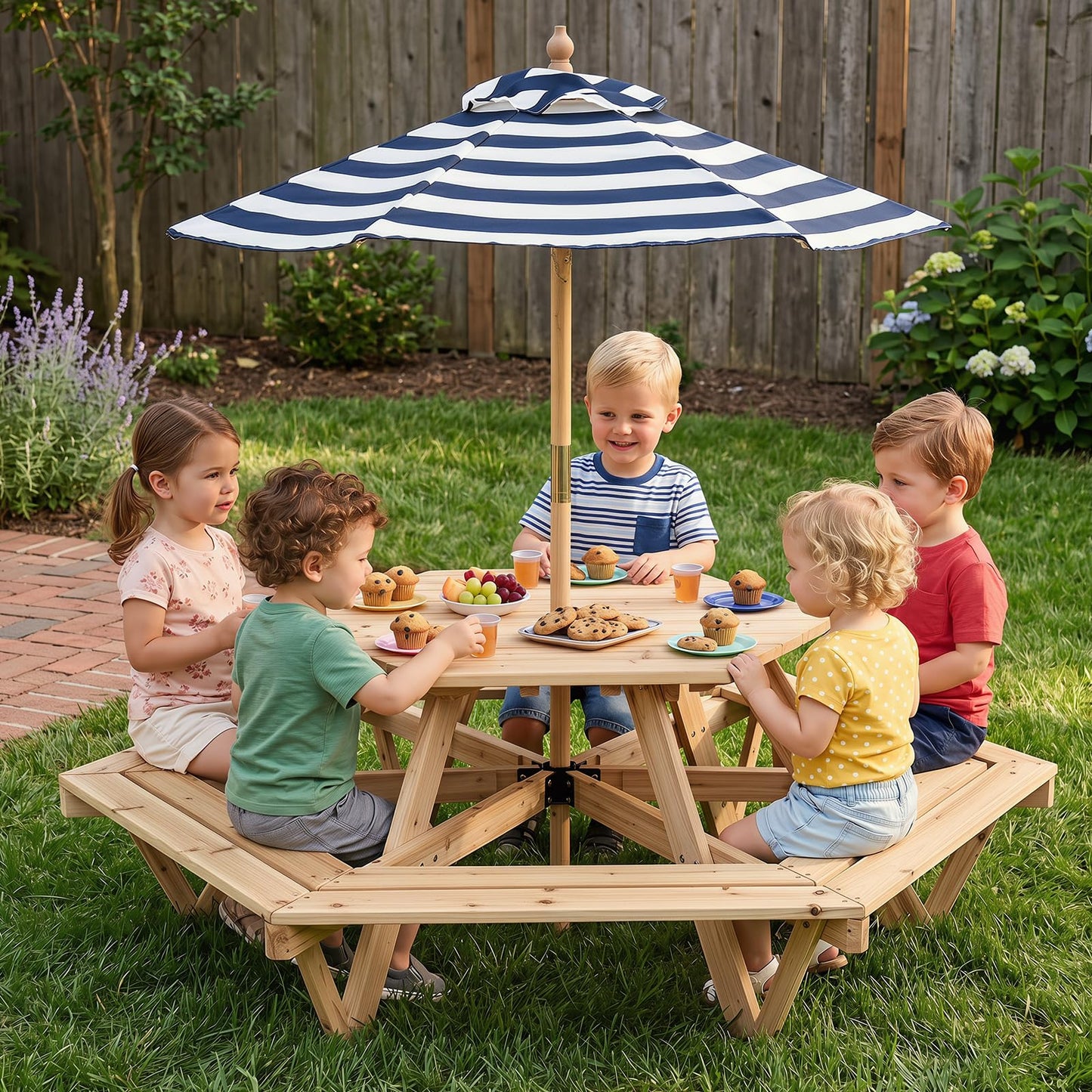 6 Seat Kids Picnic Bench Set with Removable Adjustable Umbrella